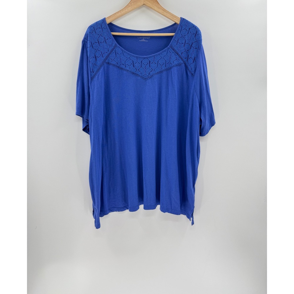 Catherines Royal Blue Crochet Lace Yoke Short Sleeve Top 3X 26/28W Cotton Modal